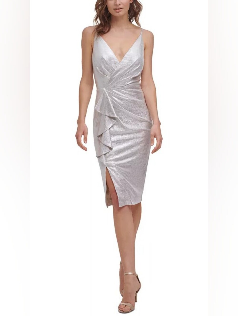 ELIZA J Metallic Silver Draped Cocktail Bodycon Bridesmaid Dress Size 8